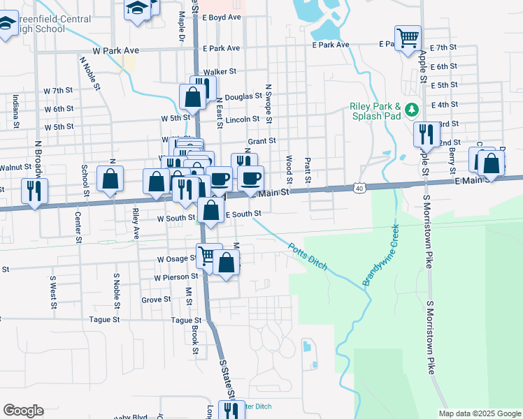 map of restaurants, bars, coffee shops, grocery stores, and more near 318 East South Street in Greenfield
