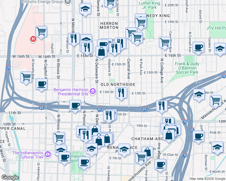 map of restaurants, bars, coffee shops, grocery stores, and more near 1248 North New Jersey Street in Indianapolis
