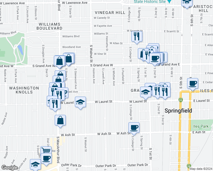 map of restaurants, bars, coffee shops, grocery stores, and more near 1500 South Lowell Avenue in Springfield