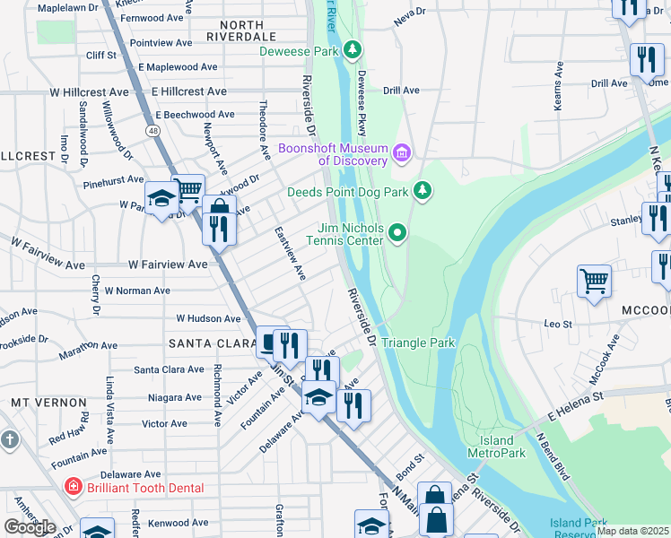 map of restaurants, bars, coffee shops, grocery stores, and more near 154 East Hudson Avenue in Dayton