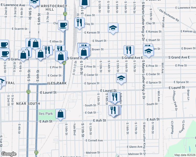 map of restaurants, bars, coffee shops, grocery stores, and more near 1610 South Loveland Avenue in Springfield