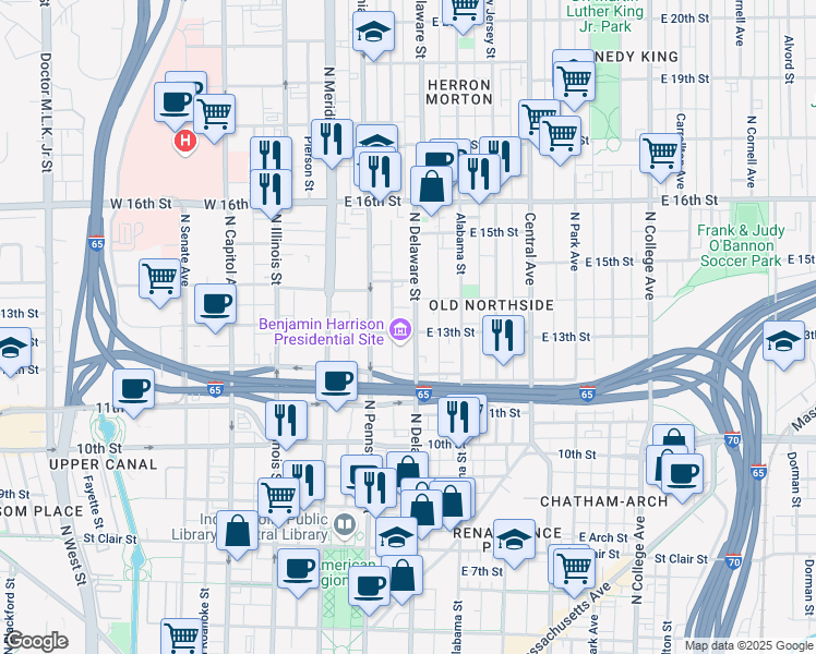 map of restaurants, bars, coffee shops, grocery stores, and more near 130 East 13th Street in Indianapolis