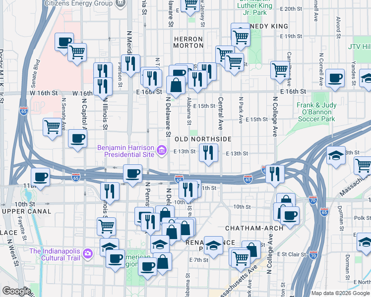 map of restaurants, bars, coffee shops, grocery stores, and more near 241 East 13th Street in Indianapolis
