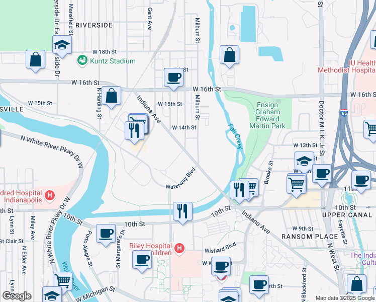 map of restaurants, bars, coffee shops, grocery stores, and more near 10 Indiana Avenue in Indianapolis
