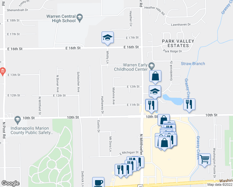 map of restaurants, bars, coffee shops, grocery stores, and more near 1127 Malvina Avenue in Indianapolis