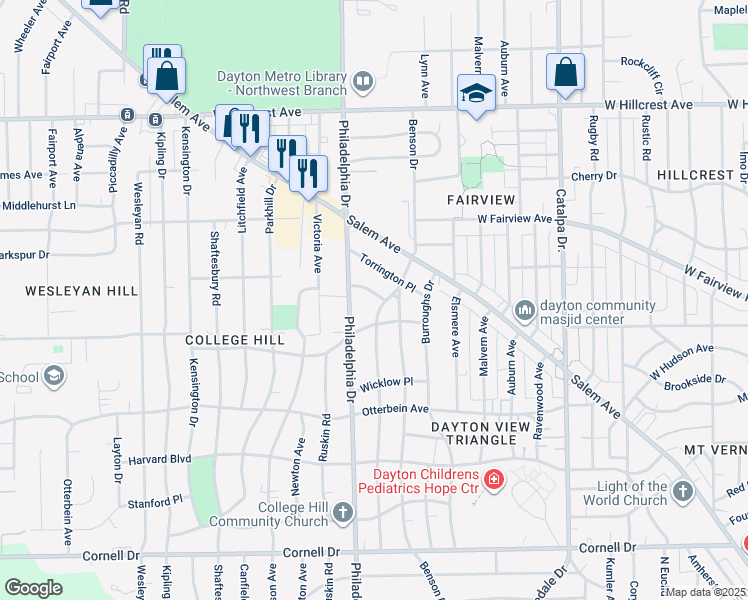 map of restaurants, bars, coffee shops, grocery stores, and more near 806 Audrey Place in Dayton
