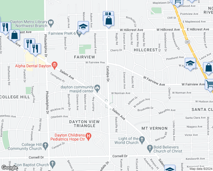 map of restaurants, bars, coffee shops, grocery stores, and more near 2025 Catalpa Drive in Dayton