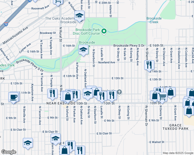 map of restaurants, bars, coffee shops, grocery stores, and more near 3214 East 13th Street in Indianapolis