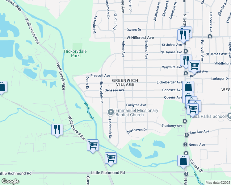 map of restaurants, bars, coffee shops, grocery stores, and more near 4913 Queens Avenue in Dayton