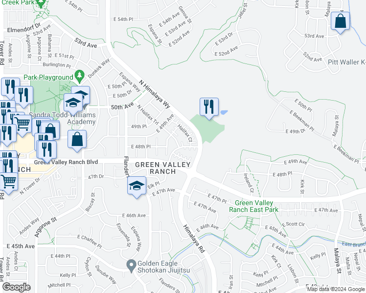 map of restaurants, bars, coffee shops, grocery stores, and more near 20088 East 48th Drive in Denver