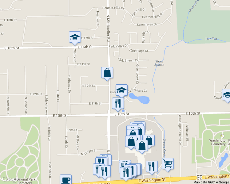 map of restaurants, bars, coffee shops, grocery stores, and more near 10046 Greenbrook Trail in Indianapolis