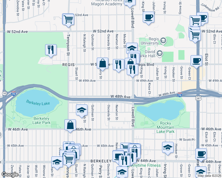 map of restaurants, bars, coffee shops, grocery stores, and more near 4832 Osceola Street in Denver