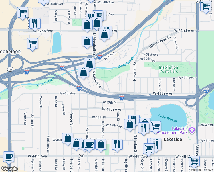 map of restaurants, bars, coffee shops, grocery stores, and more near 4861 North Lamar Street in Wheat Ridge