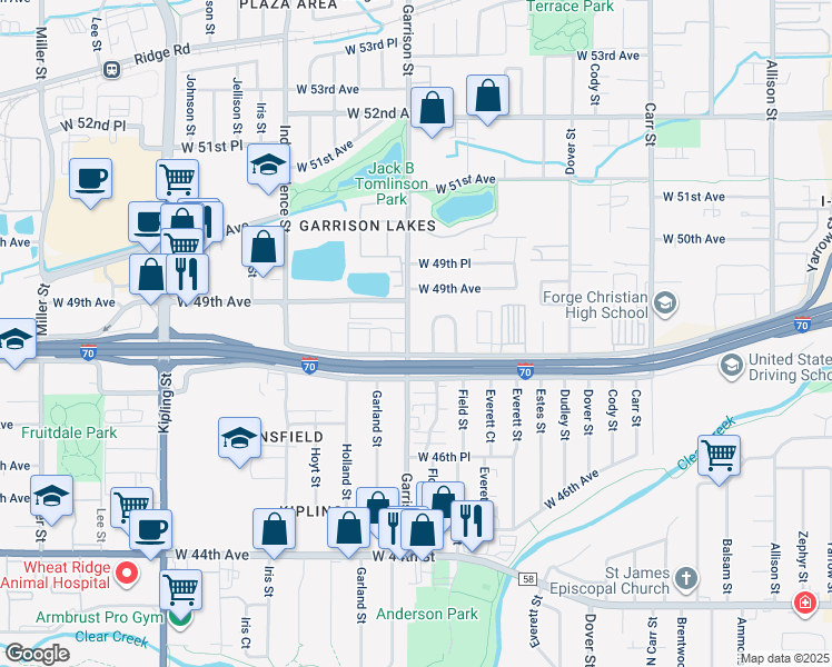 map of restaurants, bars, coffee shops, grocery stores, and more near 9235 West 48th Avenue in Wheat Ridge