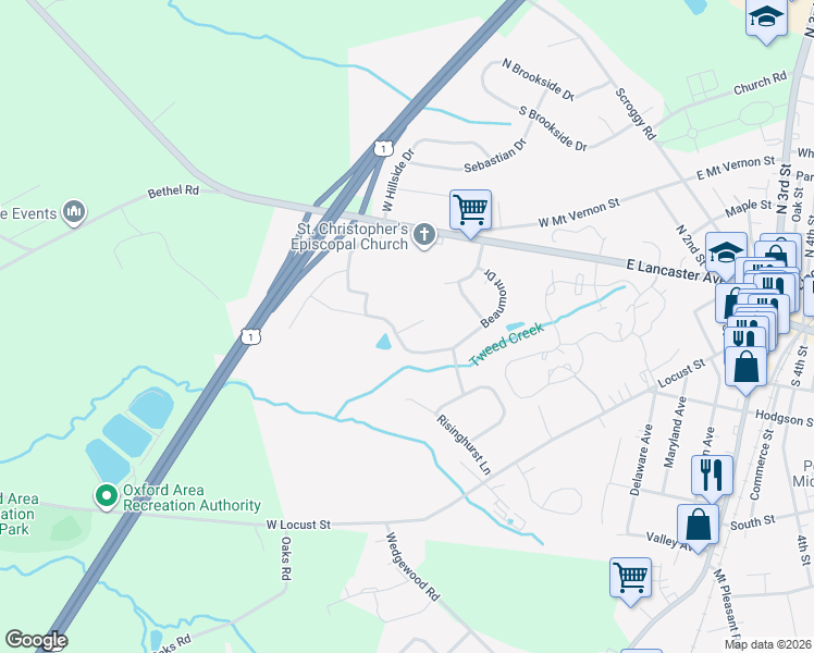 map of restaurants, bars, coffee shops, grocery stores, and more near 251 Beaumont Drive in Oxford