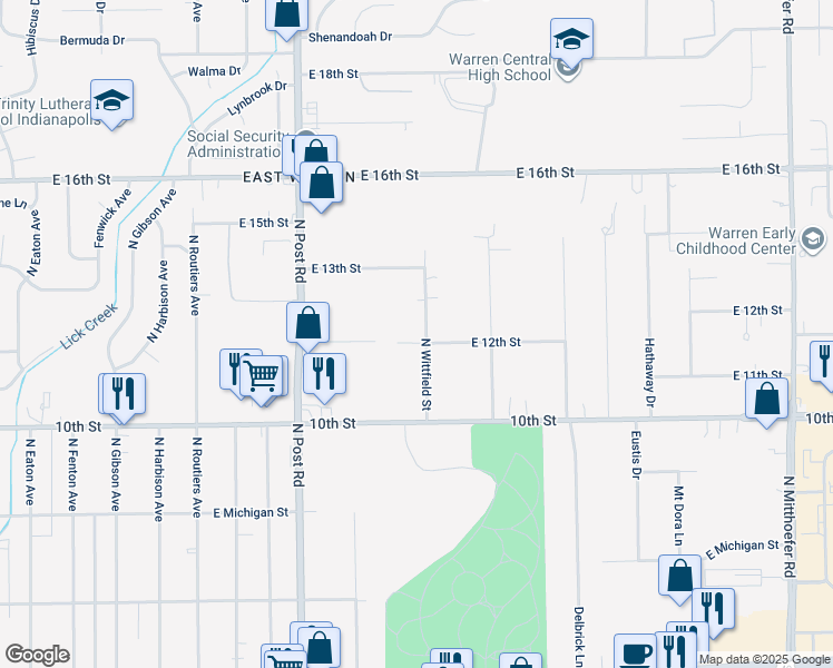 map of restaurants, bars, coffee shops, grocery stores, and more near 9207 East 12th Street in Indianapolis