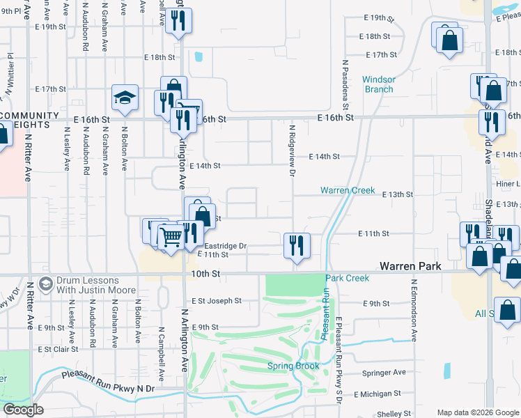 map of restaurants, bars, coffee shops, grocery stores, and more near 6204 East 12th Street in Indianapolis