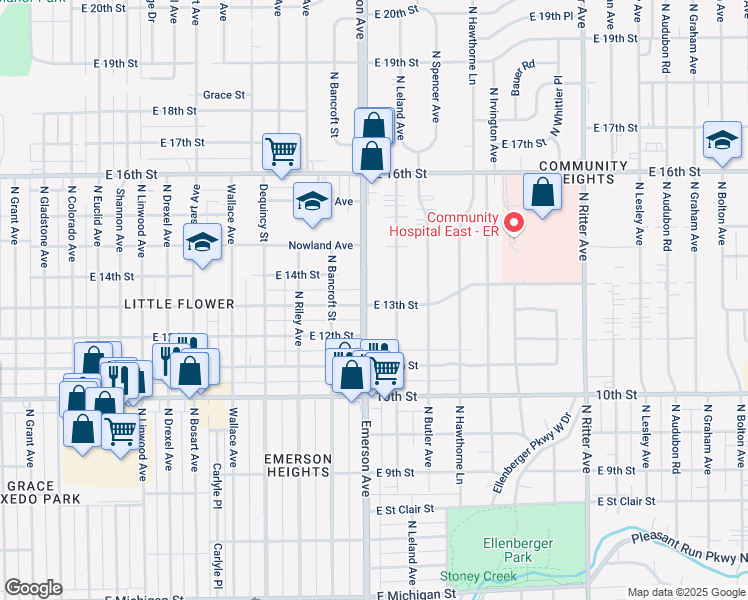 map of restaurants, bars, coffee shops, grocery stores, and more near 1228 North Emerson Avenue in Indianapolis