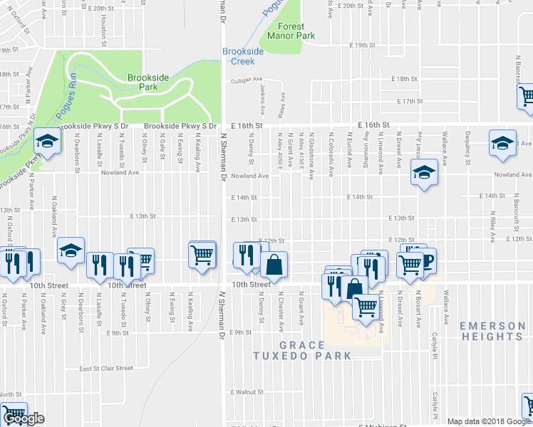 map of restaurants, bars, coffee shops, grocery stores, and more near 3930 East 13th Street in Indianapolis