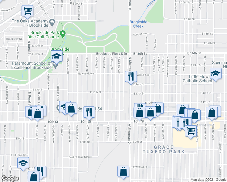map of restaurants, bars, coffee shops, grocery stores, and more near 1229 North Ewing Street in Indianapolis