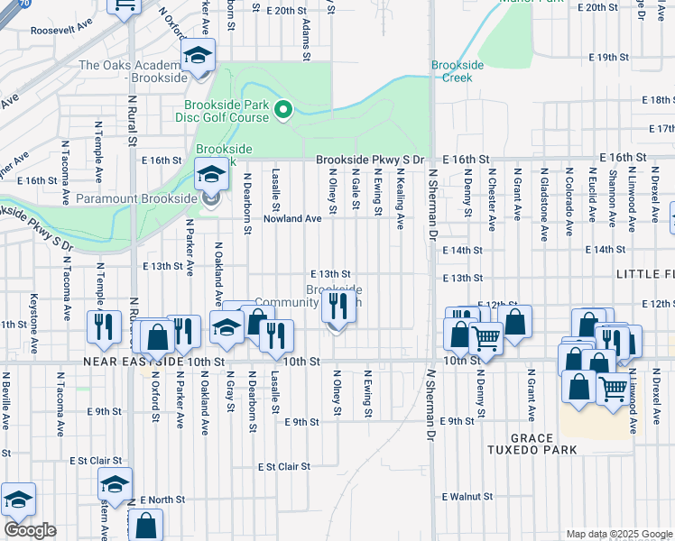 map of restaurants, bars, coffee shops, grocery stores, and more near 1230 North Olney Street in Indianapolis