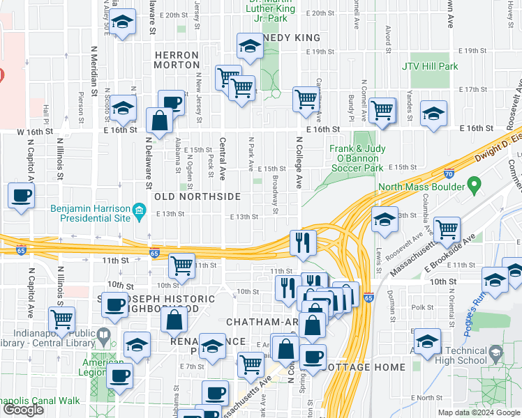 map of restaurants, bars, coffee shops, grocery stores, and more near 630 East 13th Street in Indianapolis