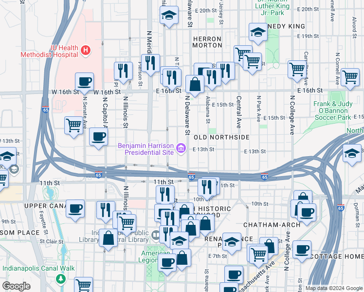 map of restaurants, bars, coffee shops, grocery stores, and more near 130 East 13th Street in Indianapolis
