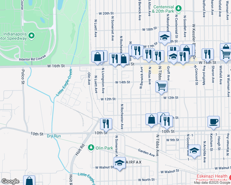 map of restaurants, bars, coffee shops, grocery stores, and more near 1214 North Rochester Avenue in Indianapolis