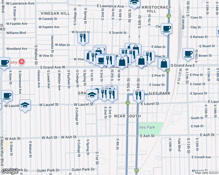 map of restaurants, bars, coffee shops, grocery stores, and more near 301 East Spruce Street in Springfield