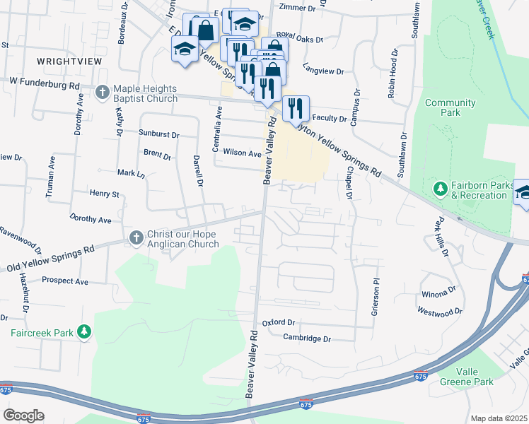 map of restaurants, bars, coffee shops, grocery stores, and more near Beaver Valley Rd & Old Yellow Springs Rd in Fairborn