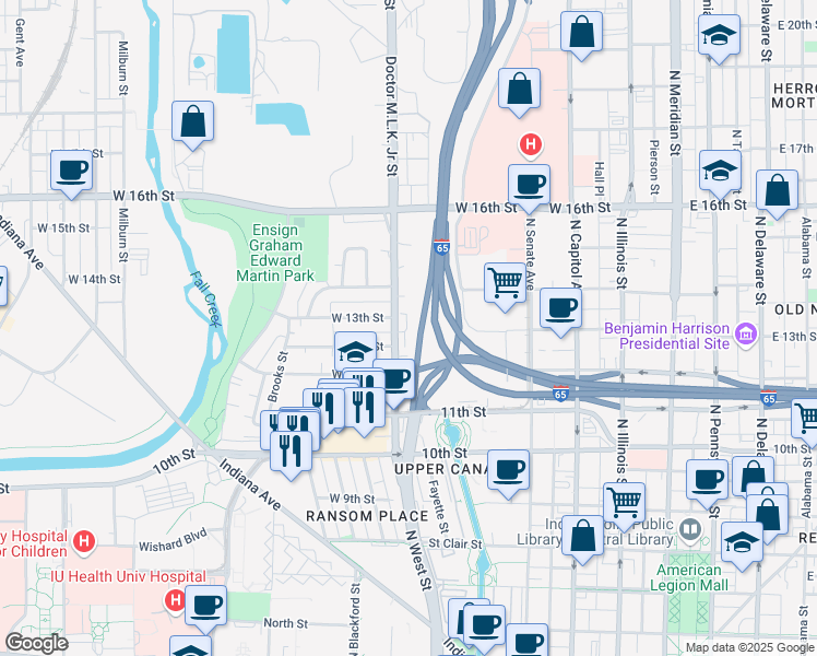 map of restaurants, bars, coffee shops, grocery stores, and more near 1247 Doctor Martin Luther King Junior Street in Indianapolis