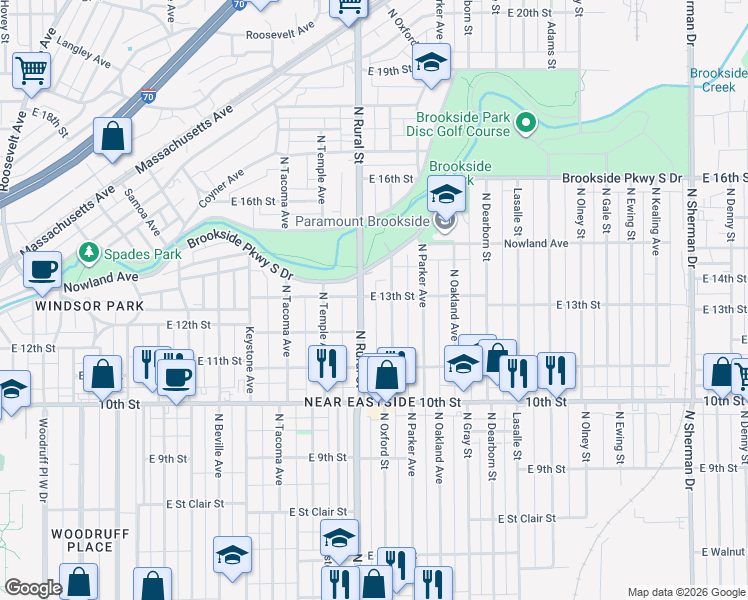 map of restaurants, bars, coffee shops, grocery stores, and more near 1226 North Rural Street in Indianapolis