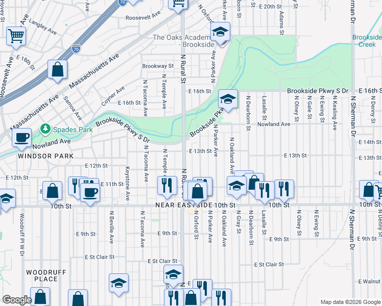 map of restaurants, bars, coffee shops, grocery stores, and more near 1226 North Rural Street in Indianapolis