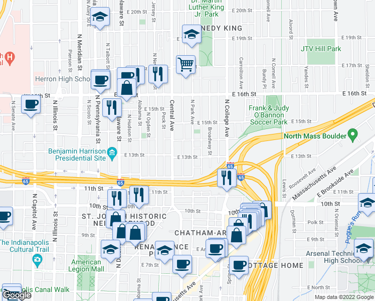 map of restaurants, bars, coffee shops, grocery stores, and more near 1306 North Park Avenue in Indianapolis
