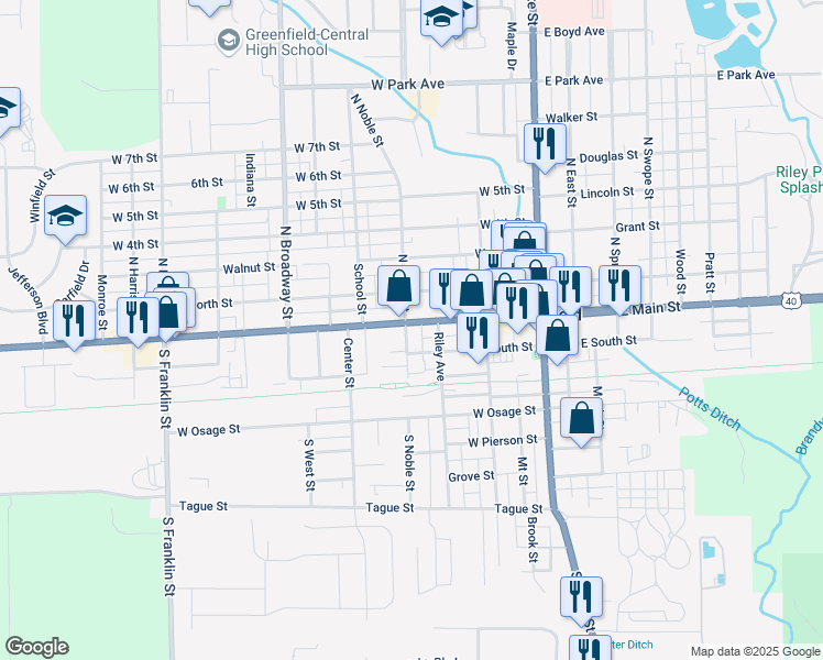 map of restaurants, bars, coffee shops, grocery stores, and more near 325 West Main Street in Greenfield