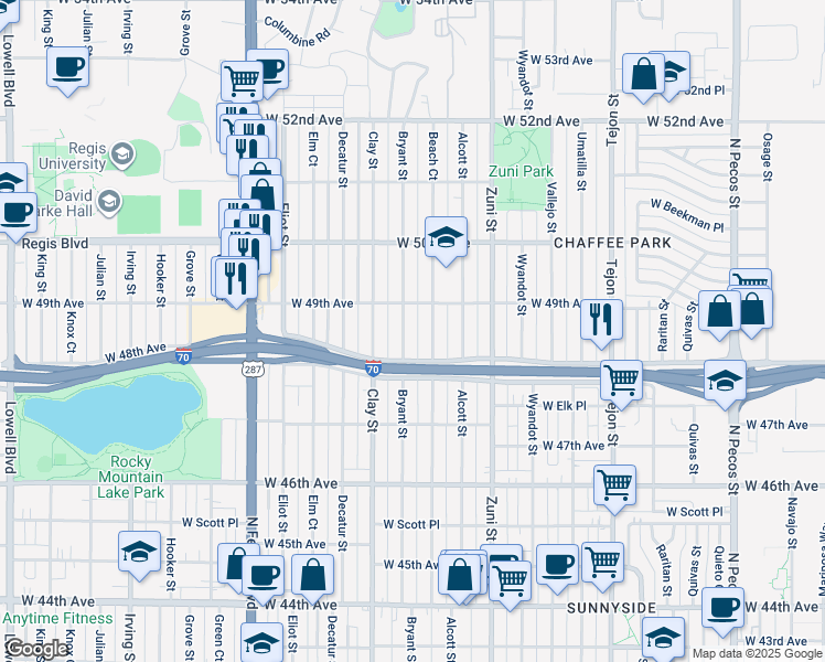 map of restaurants, bars, coffee shops, grocery stores, and more near 4835 Bryant Street in Denver