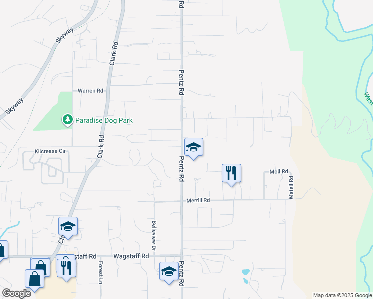 map of restaurants, bars, coffee shops, grocery stores, and more near 6854 Pentz Road in Paradise