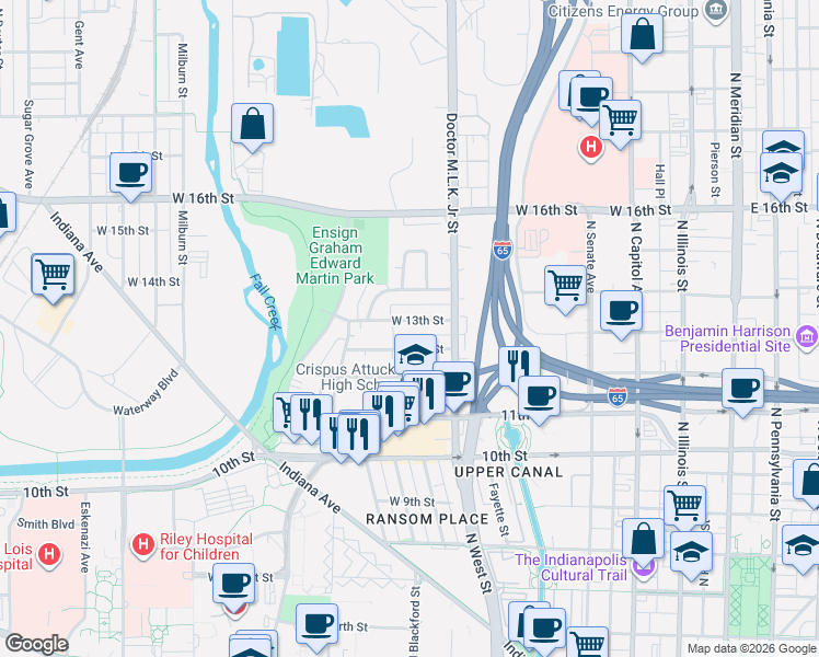 map of restaurants, bars, coffee shops, grocery stores, and more near 562 Drake Street in Indianapolis