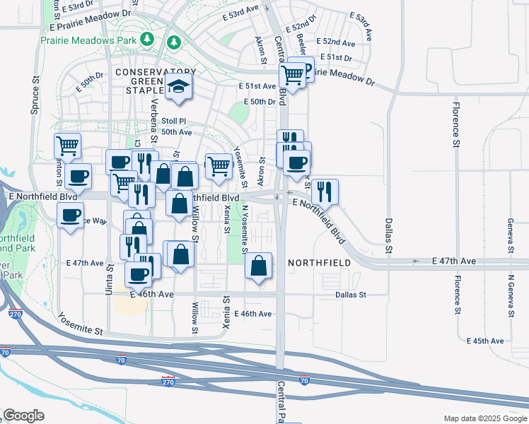 map of restaurants, bars, coffee shops, grocery stores, and more near 8902 Northfield Boulevard in Denver
