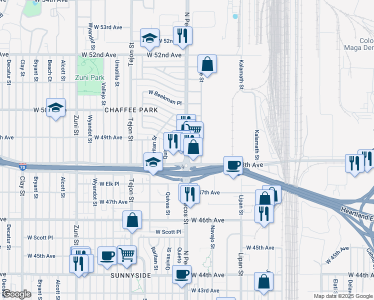 map of restaurants, bars, coffee shops, grocery stores, and more near 4836 North Pecos Street in Denver