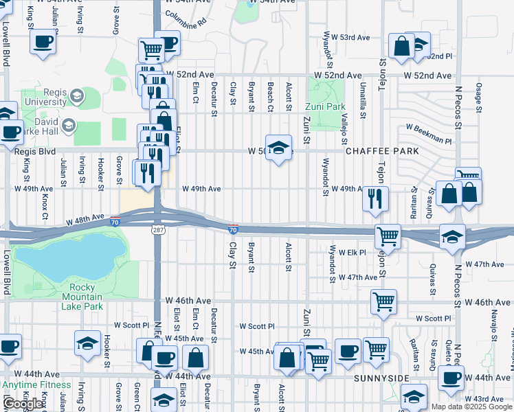 map of restaurants, bars, coffee shops, grocery stores, and more near 4835 Bryant Street in Denver