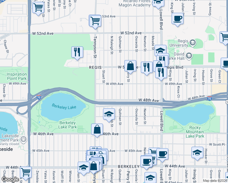 map of restaurants, bars, coffee shops, grocery stores, and more near 4841 Raleigh Street in Denver