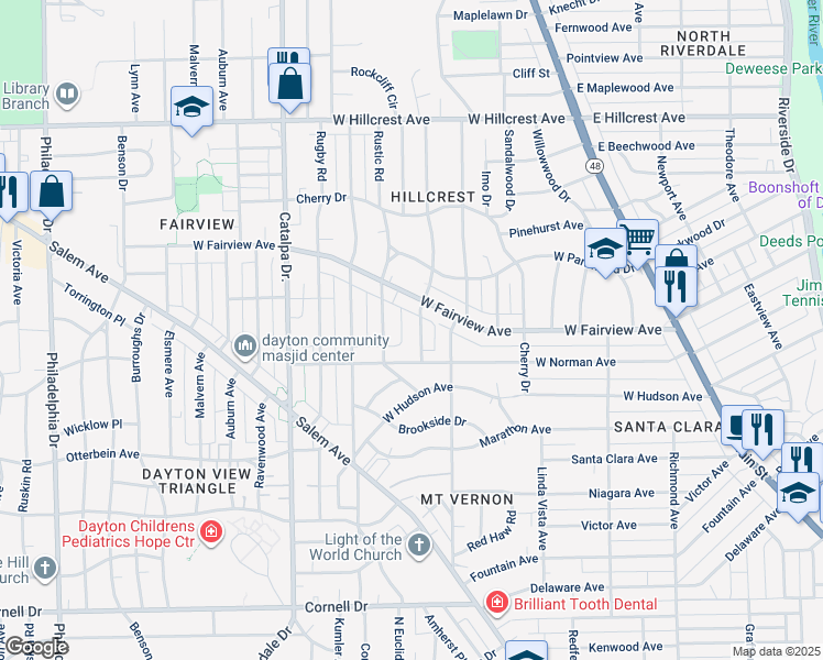 map of restaurants, bars, coffee shops, grocery stores, and more near 2017 Mayfair Road in Dayton