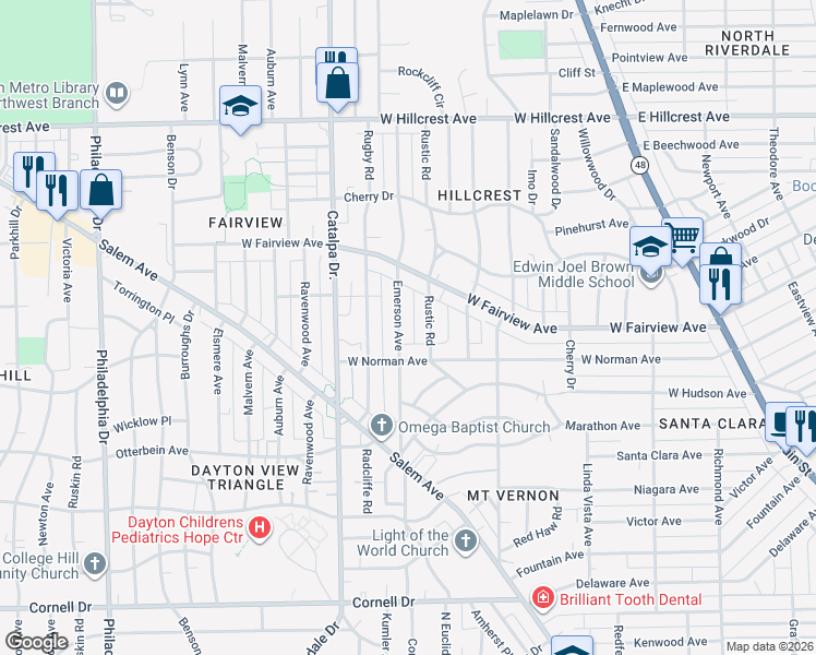 map of restaurants, bars, coffee shops, grocery stores, and more near 2021 Emerson Avenue in Dayton
