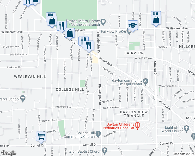 map of restaurants, bars, coffee shops, grocery stores, and more near 1966 Victoria Avenue in Dayton