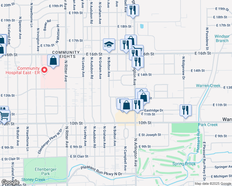 map of restaurants, bars, coffee shops, grocery stores, and more near 5910 East 12th Street in Indianapolis