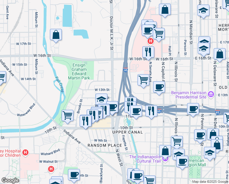 map of restaurants, bars, coffee shops, grocery stores, and more near 1247 Doctor Martin Luther King Junior Street in Indianapolis