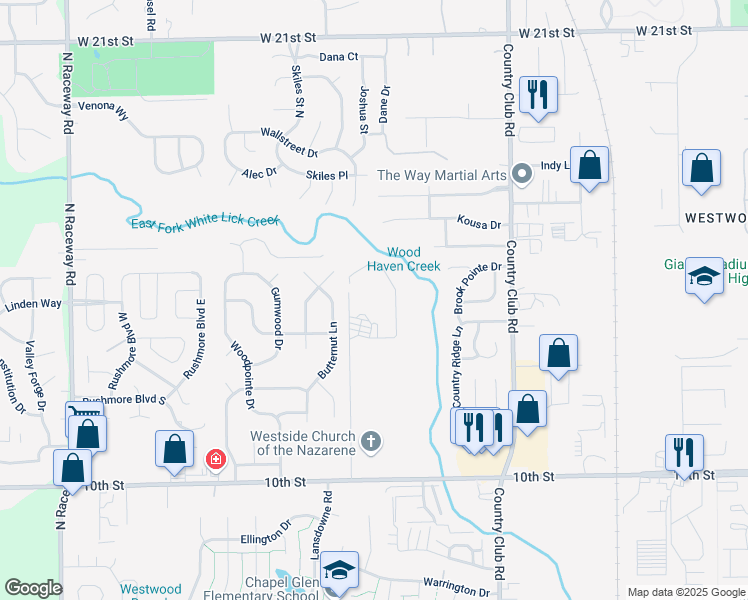 map of restaurants, bars, coffee shops, grocery stores, and more near 8616 West 10th Street in Indianapolis