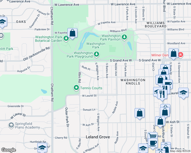 map of restaurants, bars, coffee shops, grocery stores, and more near 1500-1598 West Leland Avenue in Springfield