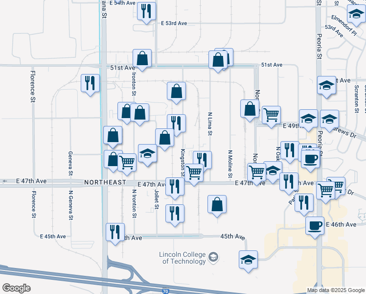 map of restaurants, bars, coffee shops, grocery stores, and more near Kingston Street in Denver